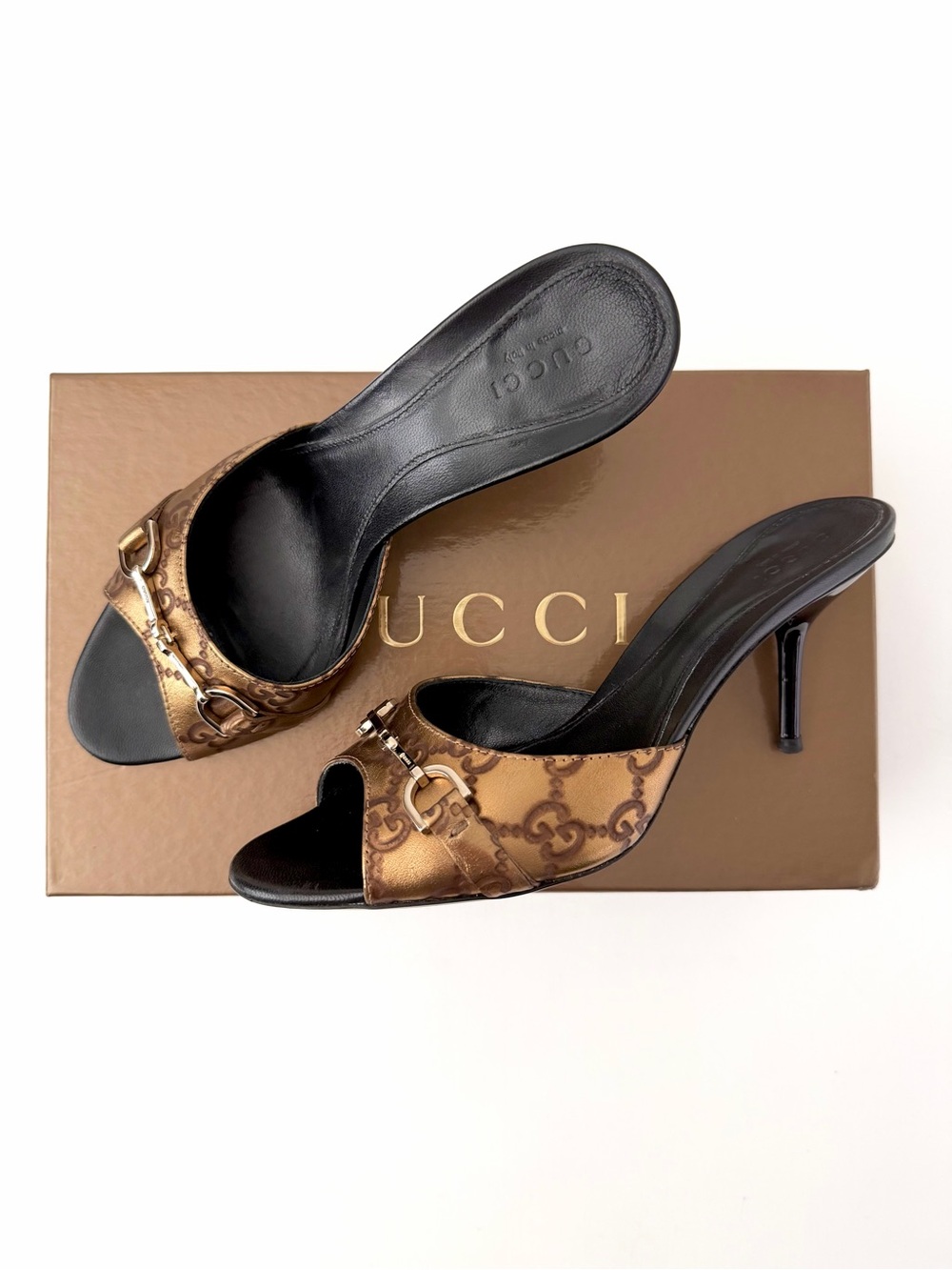 GUCCI | Y2K Guccissima Double G Gold Star Horsebit Mules Slip on Heel EU 36.5